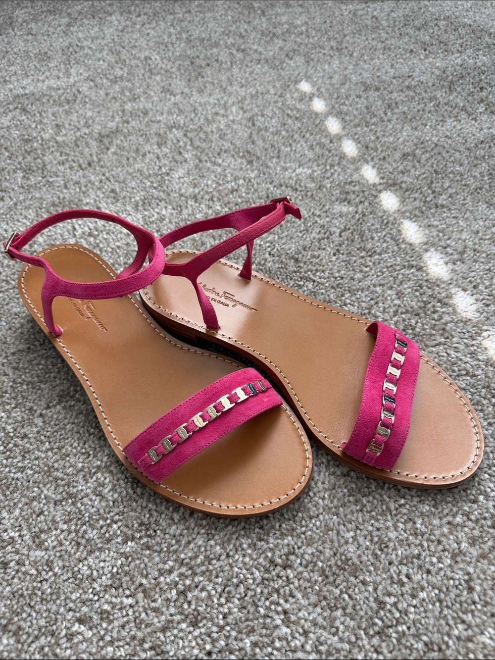 Salvatore Ferragamo Fuchsia Suede Chain-Trim Ankle-Strap Sandals
